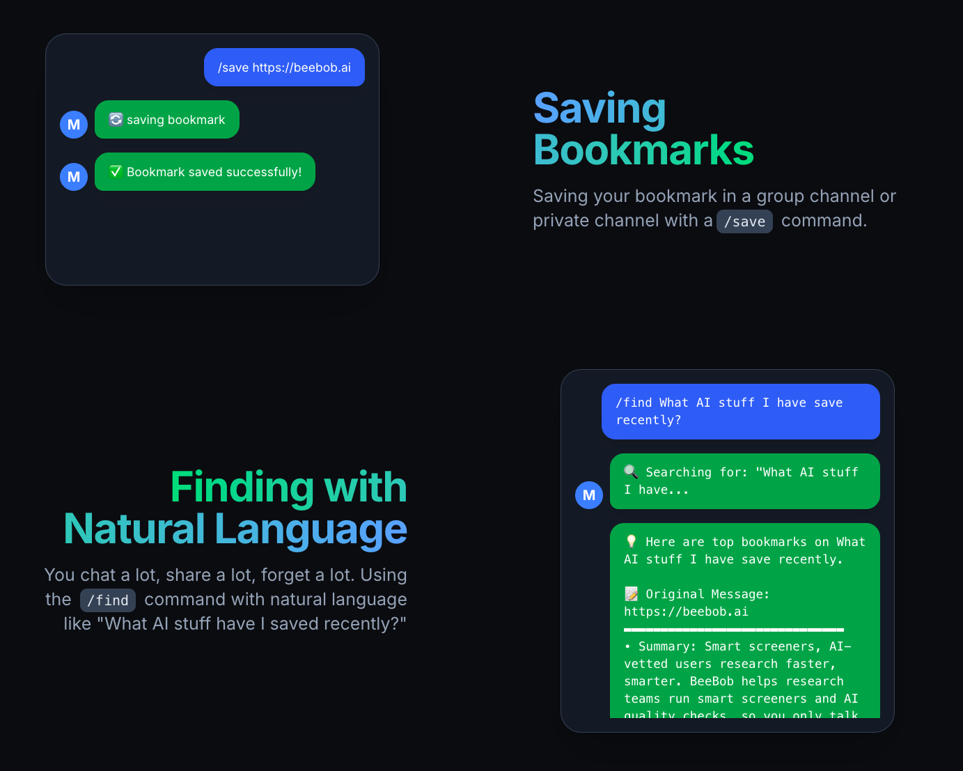 Demo antaramuka MeeMoo Bot: menggunakan /save dan /find dalam Telegram